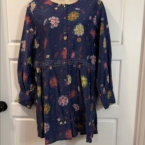 GUDRUN SJODEN Blue Floral Lagenlook Silk Shirt Tunic Dress medium